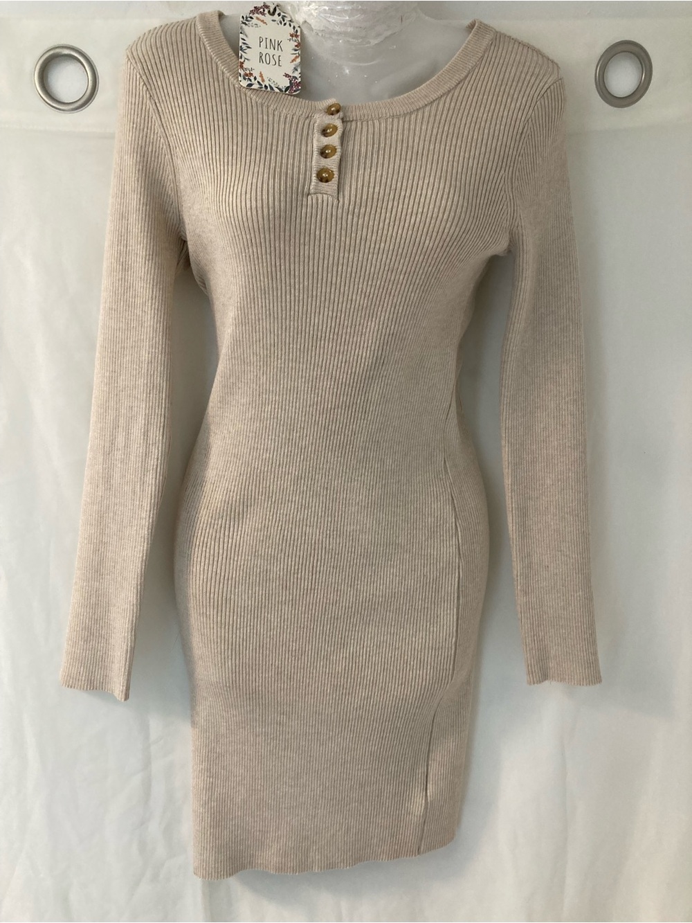 Pink Rose Ribbed Sweater Dress Heather Oatmeal Button Front M NWT